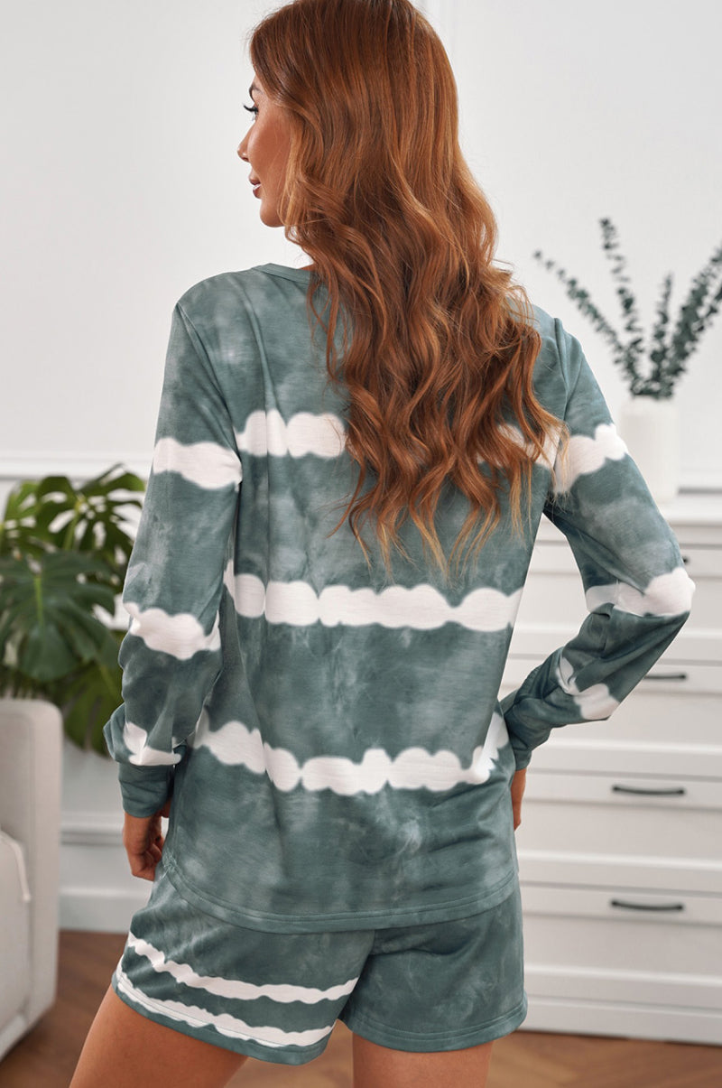 Tie-dyed Stripes Long Sleeve Shorts Lounge Set - Minihomy