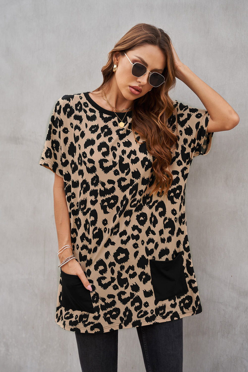 Leopard Pocketed T-Shirt Dress - Minihomy