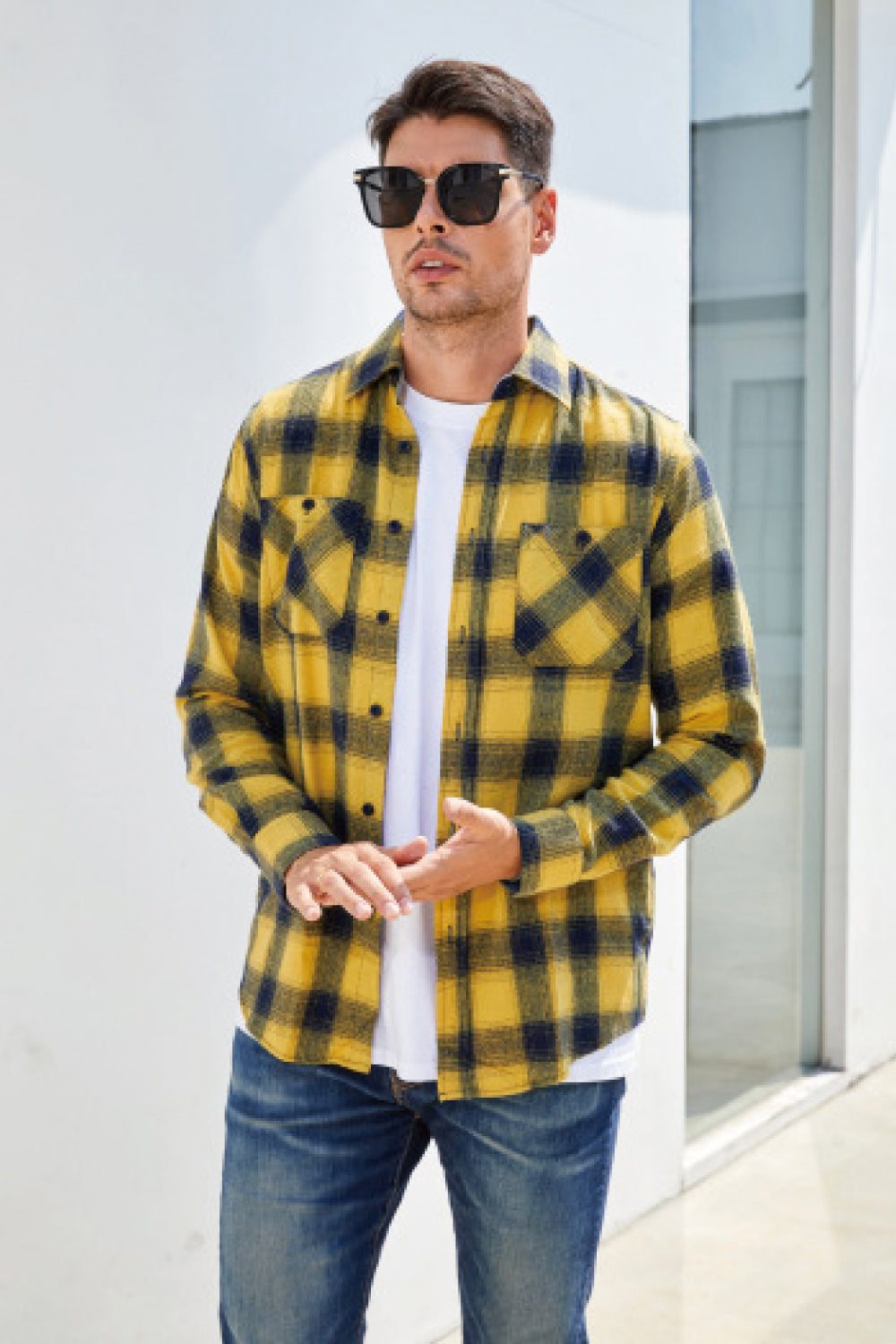 Plaid Button Front Long Sleeve Shirt with Breast Pockets - Minihomy