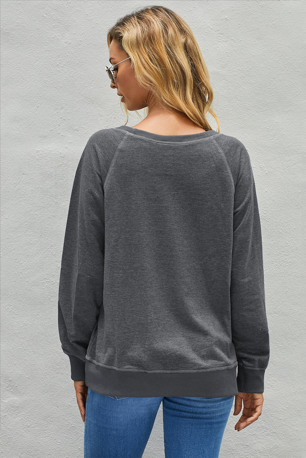 Round Neck Raglan Sleeve Exposed Seam Sweatshirt - Minihomy