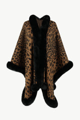 Animal Print Faux Fur Trim Poncho Jacket