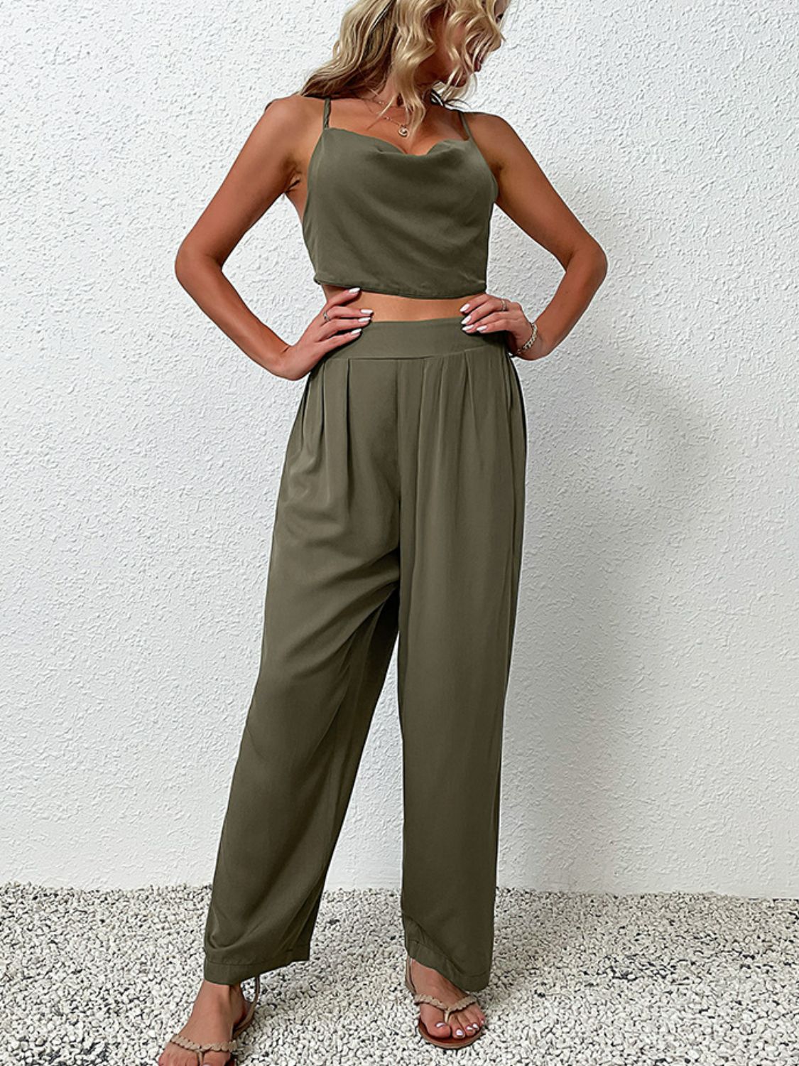 Crisscross Back Cropped Top and Pants Set - Minihomy