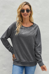 Round Neck Raglan Sleeve Exposed Seam Sweatshirt - Minihomy