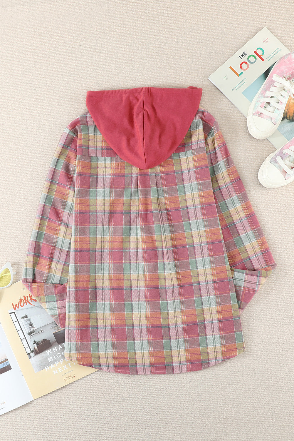 Plaid Drawstring Hooded Shirt Jacket