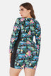 Plus Size Floral Zip Up  Long Sleeve Short Wetsuit - Minihomy