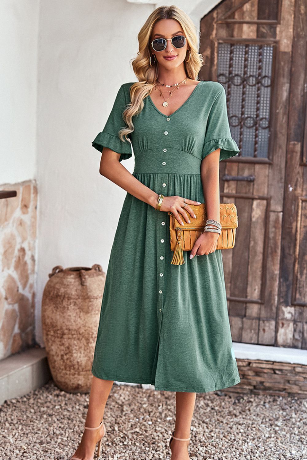 Gathered Detail Buttoned V-Neck Midi Dress - Minihomy