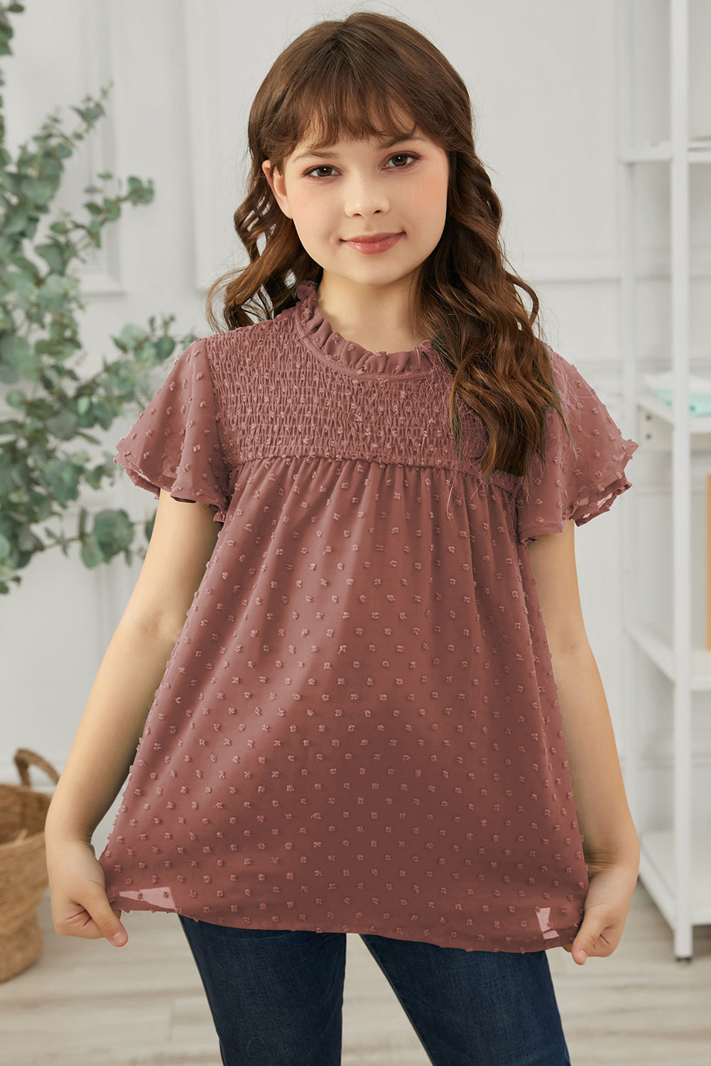 Girls Swiss Dot Smocked Flutter Sleeve Blouse