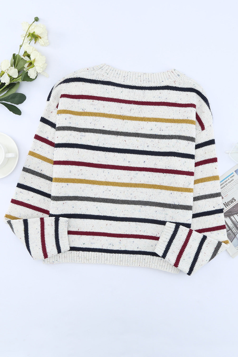 Striped Round Neck Ribbed Trim Sweater