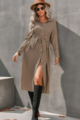 Collared Neck Tie Waist Midi Shirt Dress - Minihomy