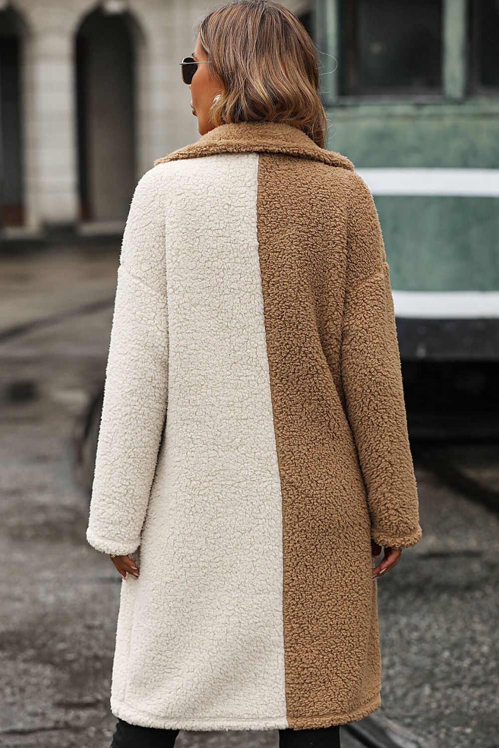 Color Block Dropped Shoulder Sherpa Duster Coat - Minihomy