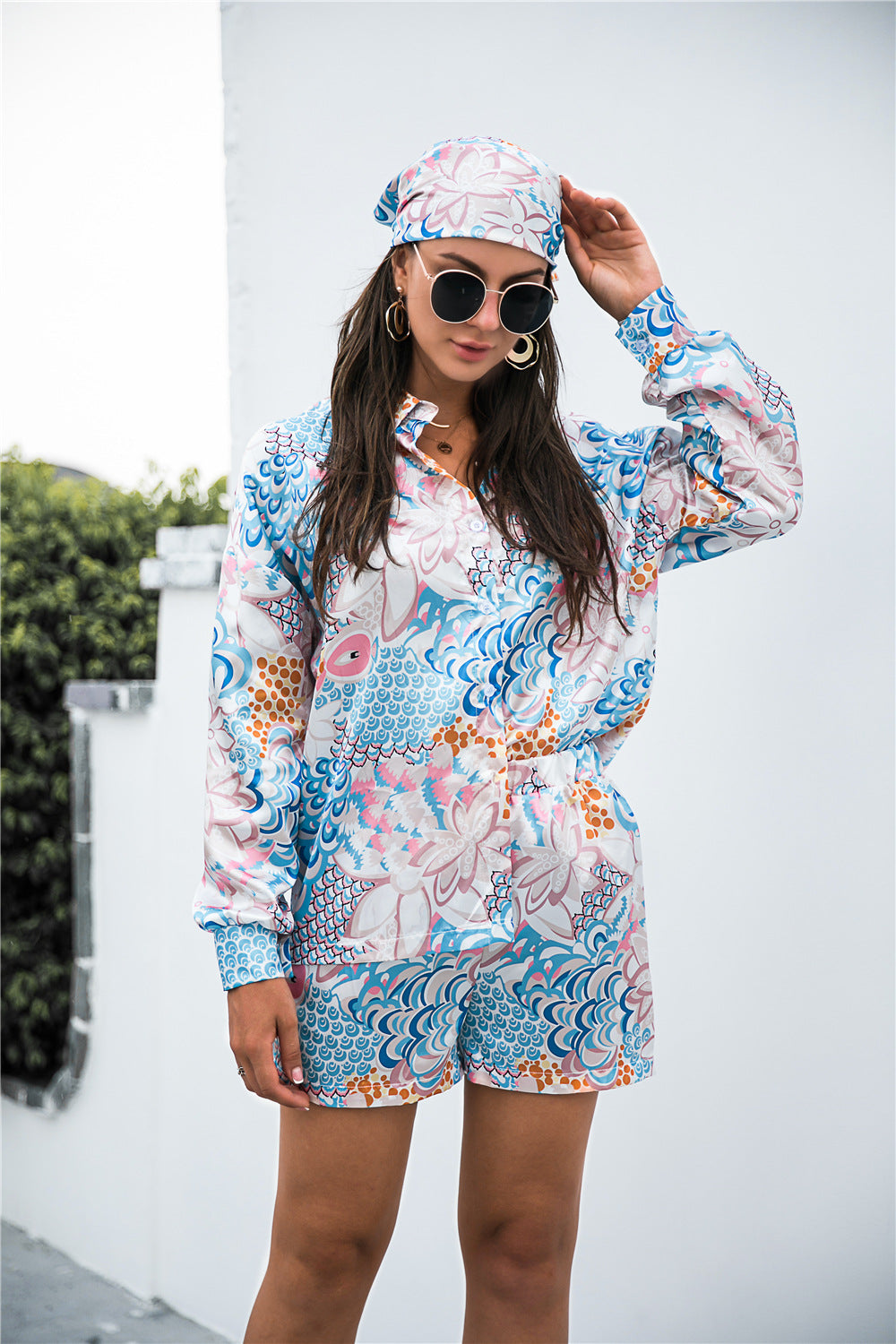 Floral Shirt and Shorts Set with Hair Scarf