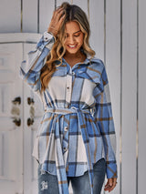 Plaid Belted Dropped Shoulder Shirt Jacket