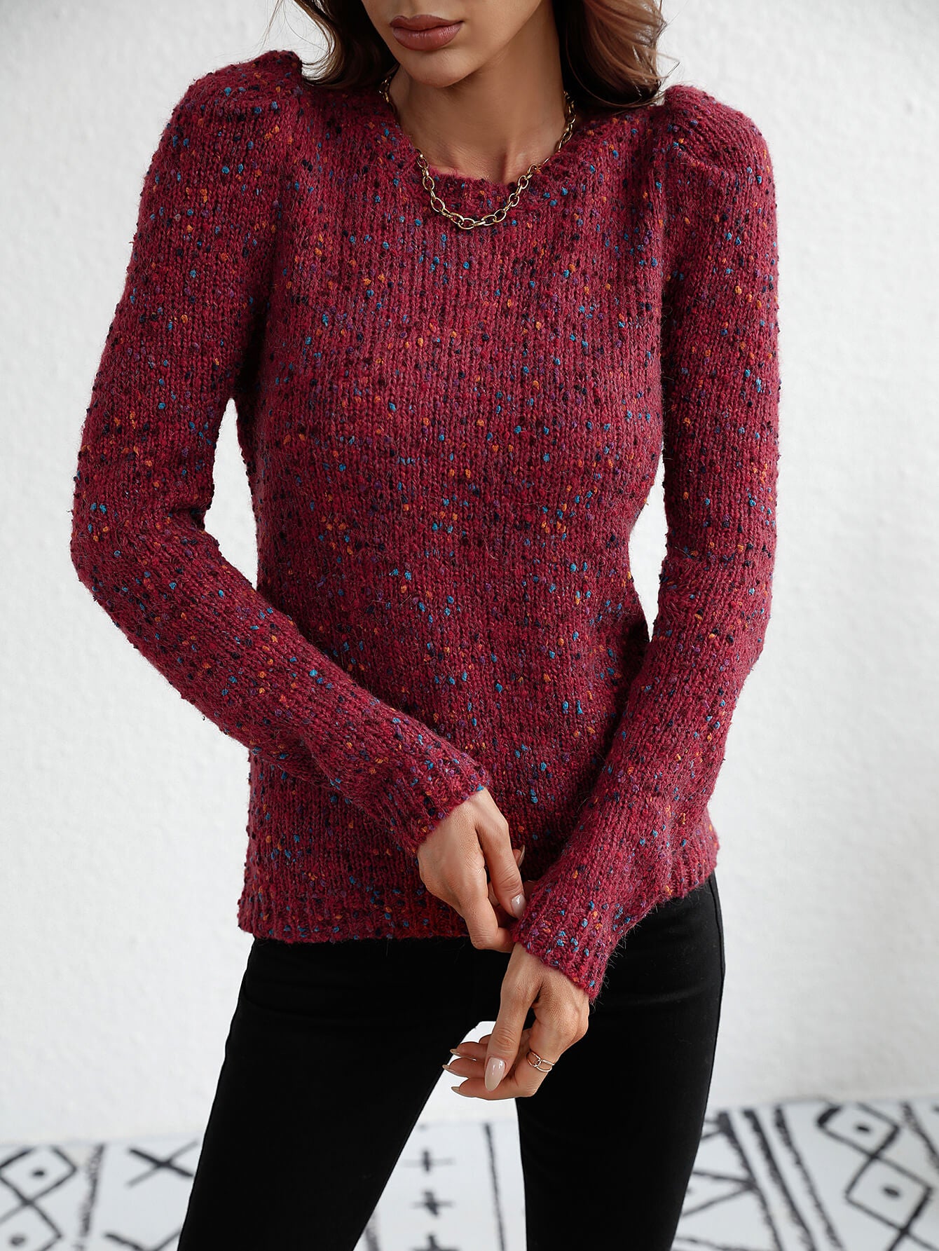 Multicolored Puff Sleeve Ribbed Trim Sweater - Minihomy