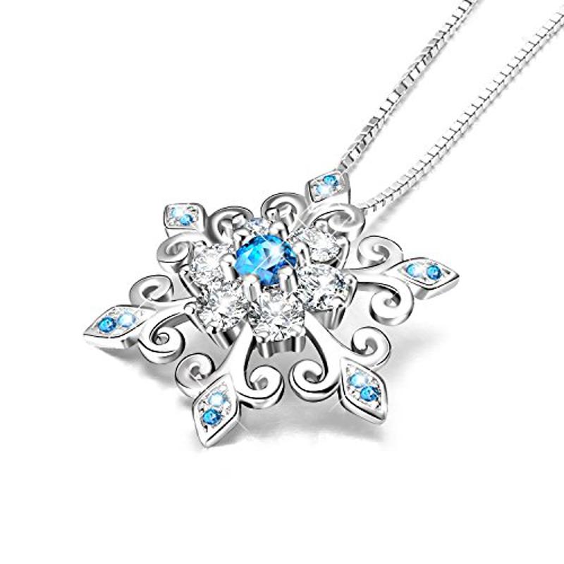 925 Sterling Silver Snowflake Pendant Necklace Blue and White  Romantic Jewelry Gift