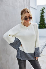 Two-Tone Raglan Sleeve Rib-Knit Sweater