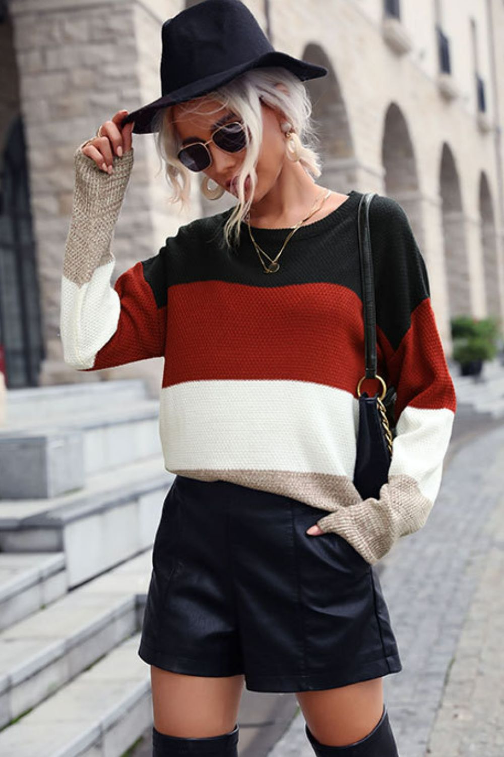 Color Block Long Sleeve Round Neck Sweater - Minihomy