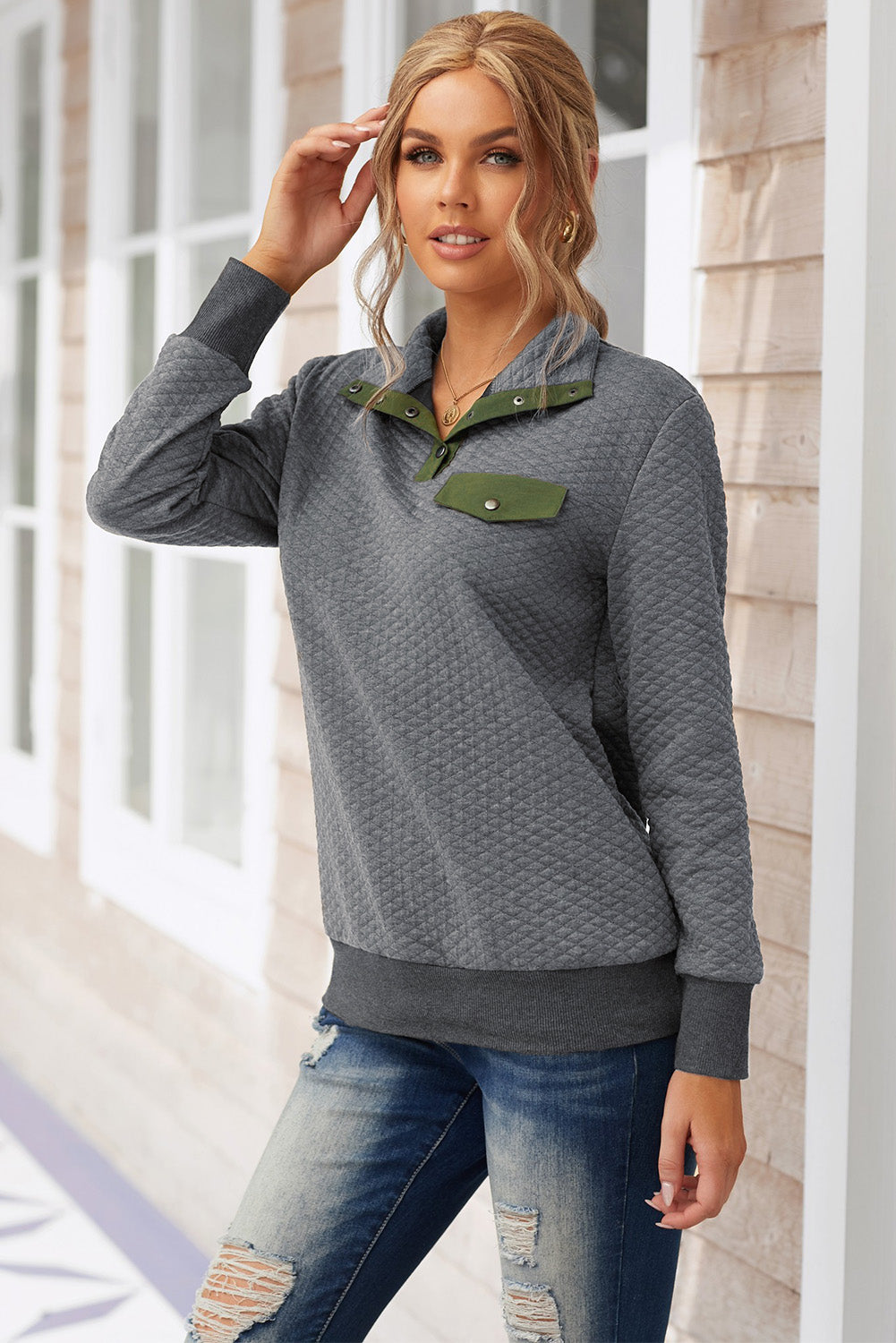 Contrast Quilted Quarter-Snap Long Sleeve Sweatshirt - Minihomy