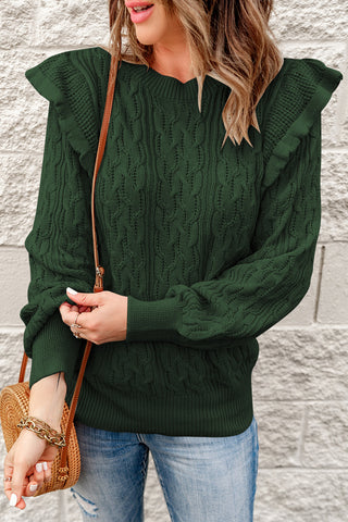 Ruffle Shoulder Cable-Knit Sweater