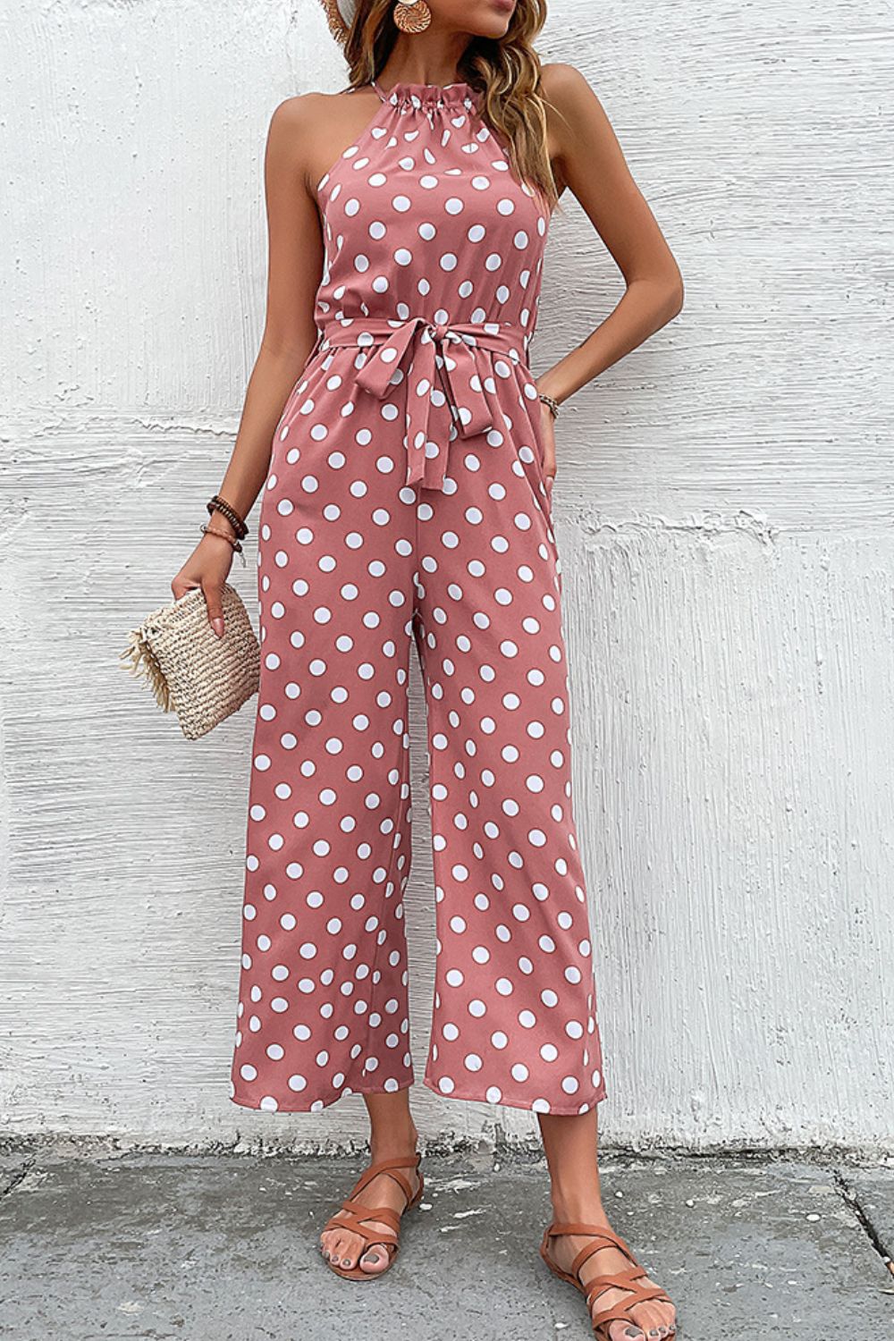 Polka Dot Grecian Wide Leg Jumpsuit - Minihomy