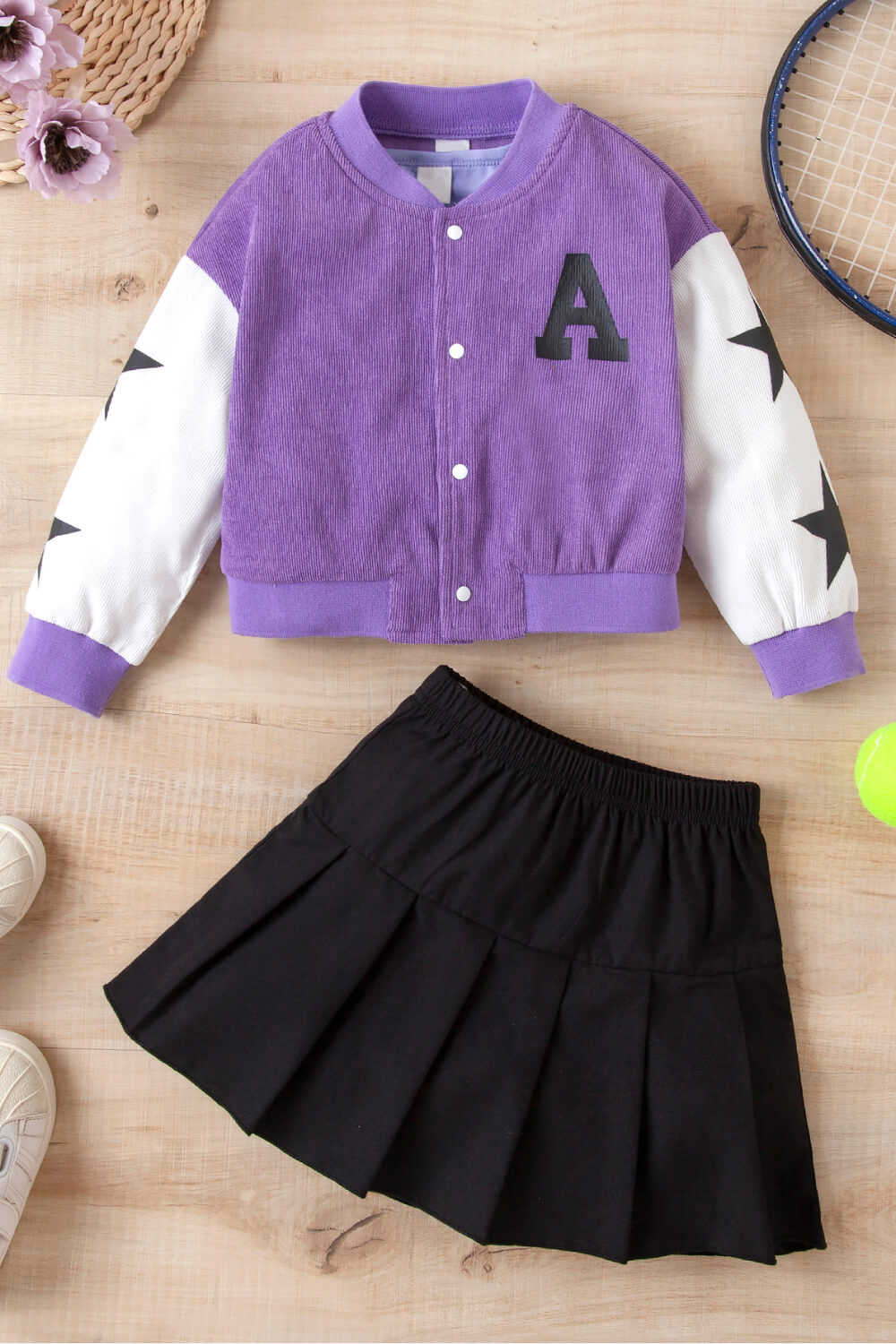 Girls Contrast Bomber Jacket, Tank, and Pleated Skirt Set - Minihomy