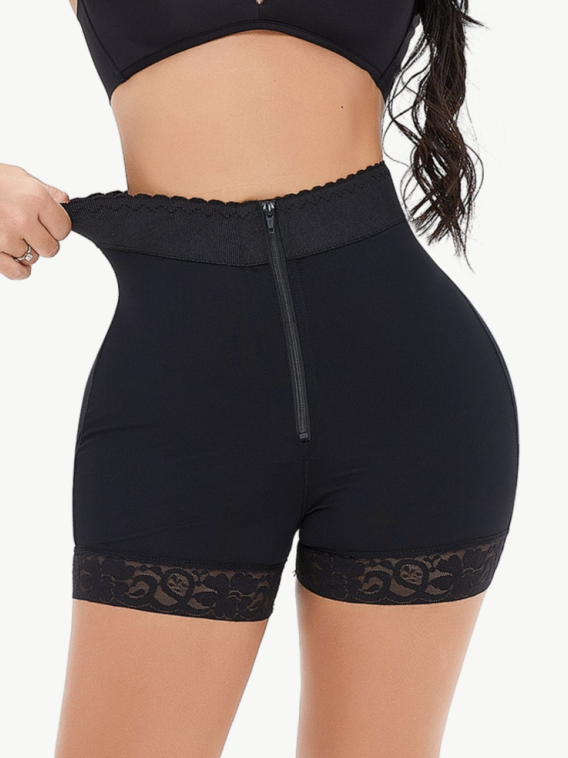 Full Size Zip-Up Lace Trim Shaping Shorts - Minihomy