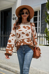 Leopard Ribbed Trim Dropped Shoulder Sweater