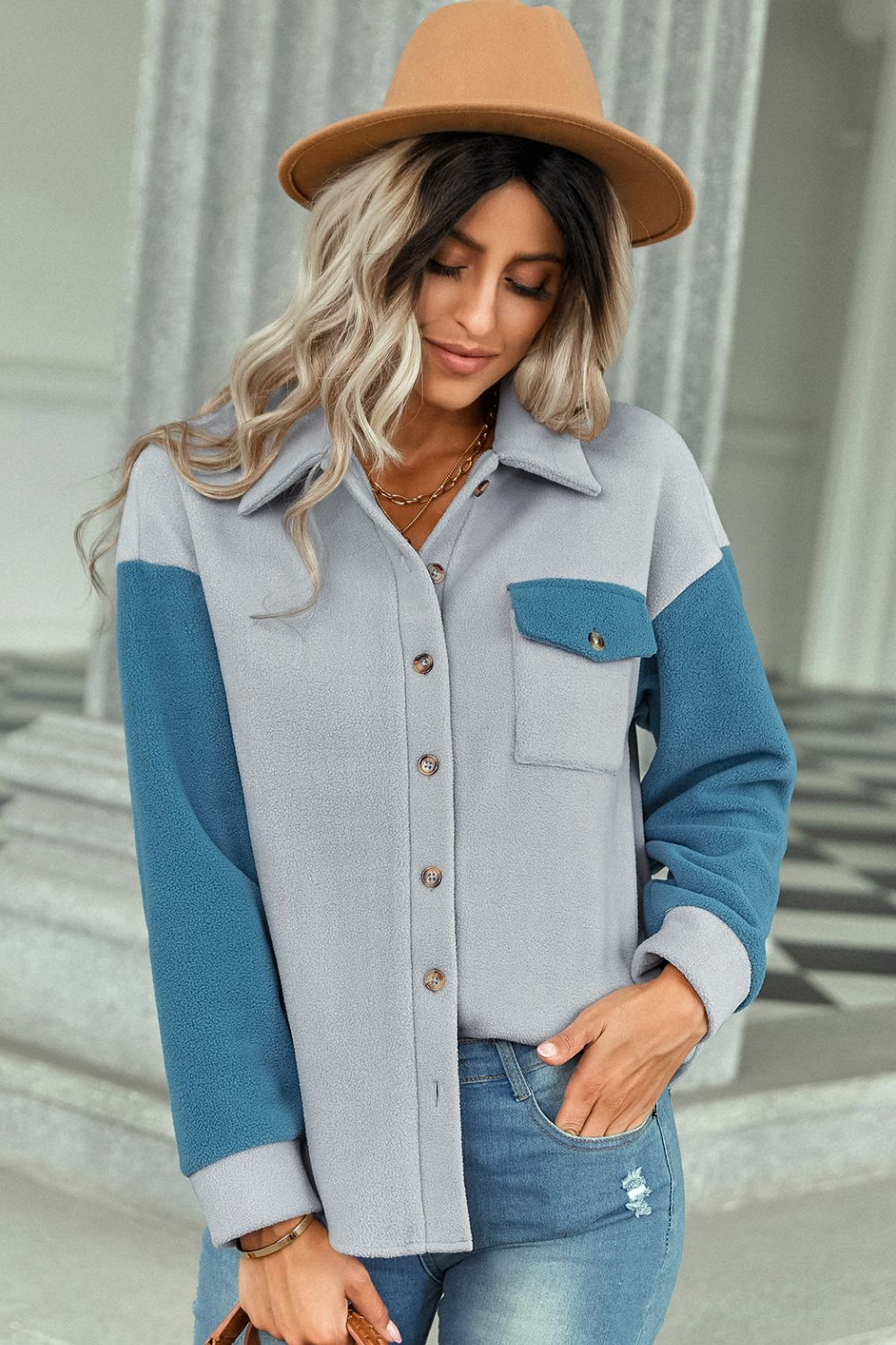 Two-Tone Dropped Shoulder Jacket with Breast Pocket - Minihomy