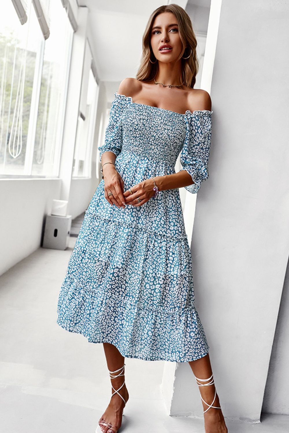 Ditsy Floral Off-Shoulder Smocked Midi Dress - Minihomy