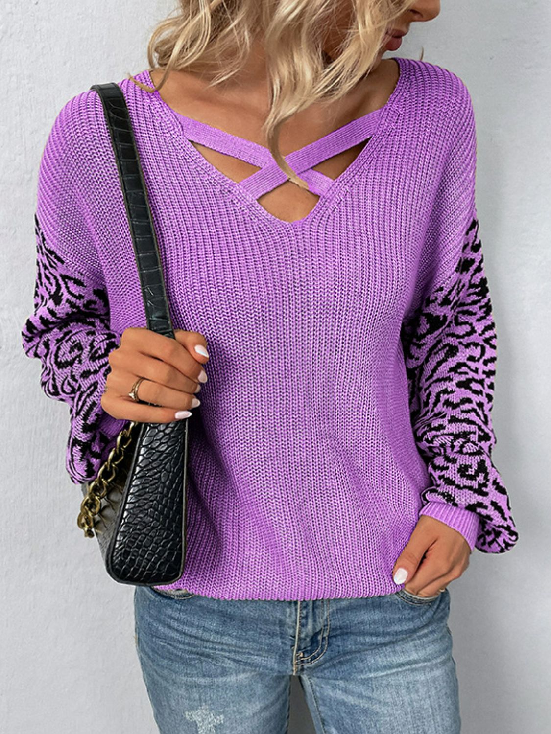 Leopard Lantern Sleeve Crisscross Sweater