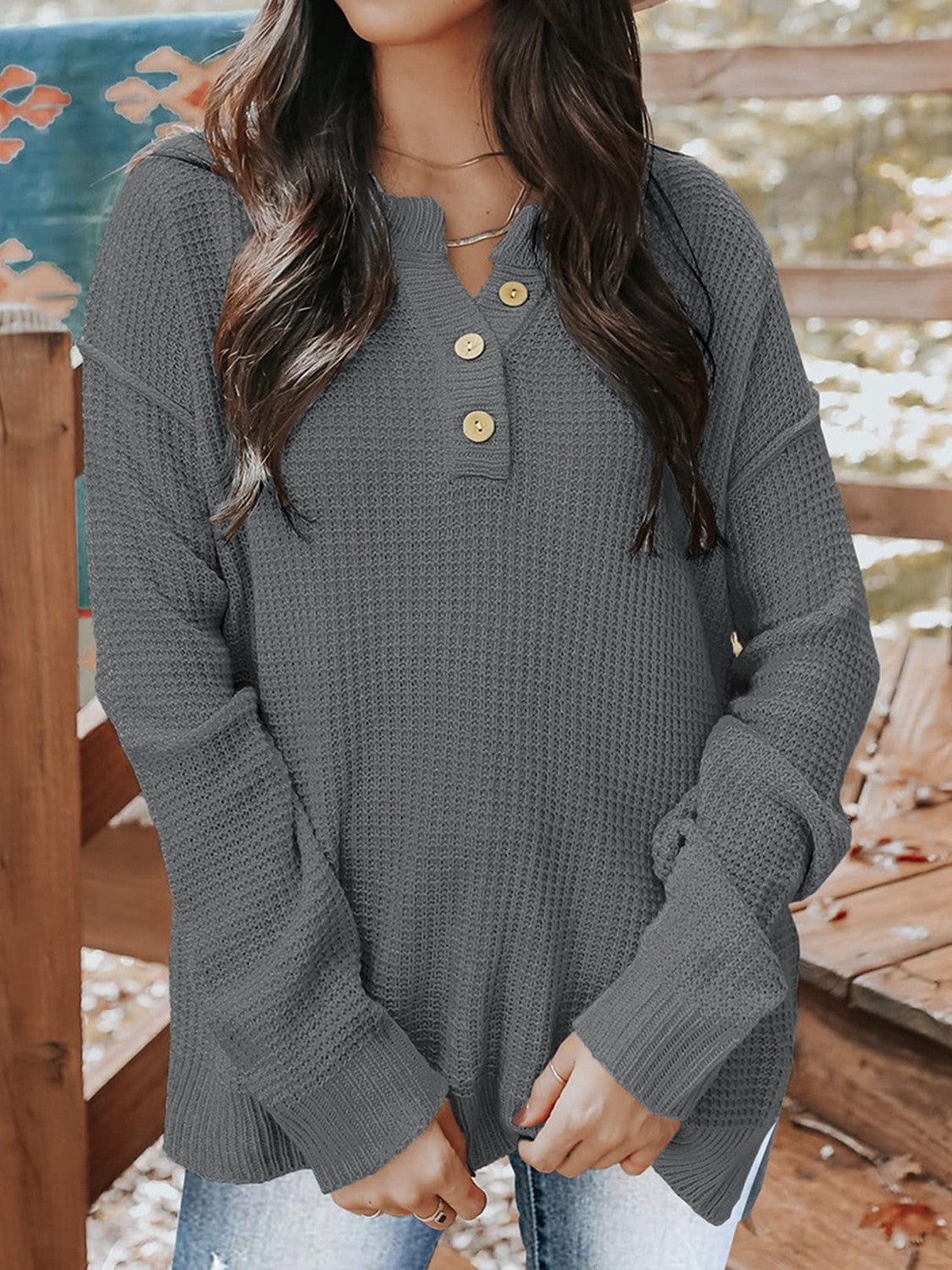 Waffle-Knit Quarter Button Dropped Shoulder Sweater