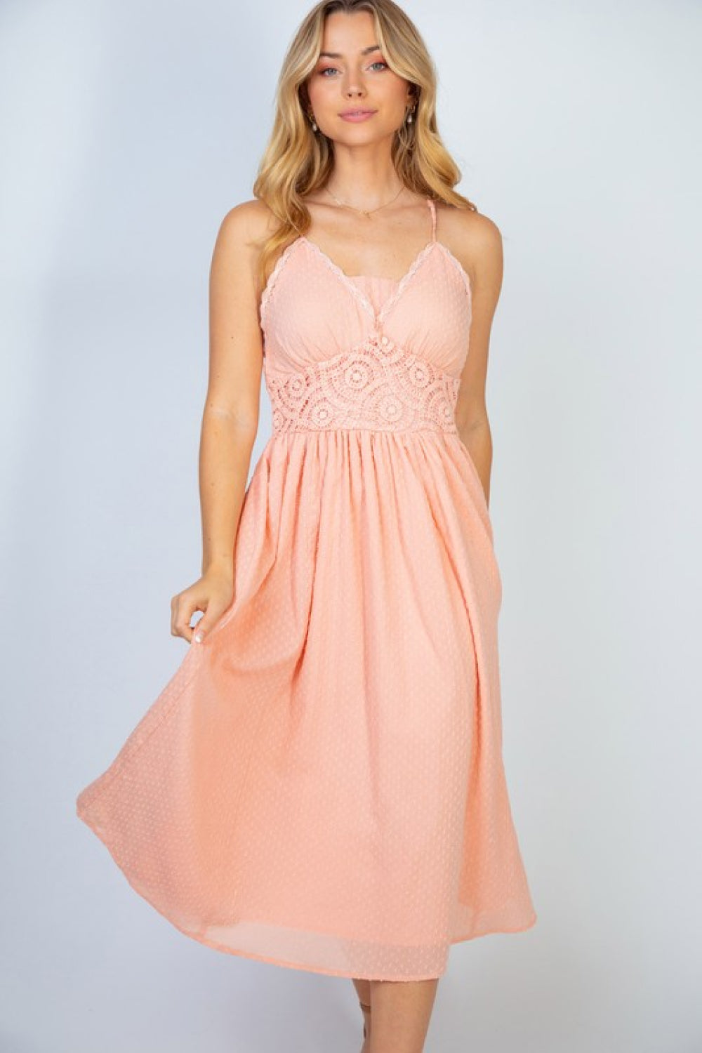 White Birch Angelic Vibes Full Size Sleeveless Midi Dress in Peach