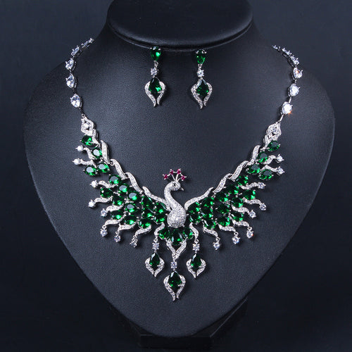 Ethnic Style Zircon Peacock Earring Set Tassel Colorful Clavicle Necklace Jewelry Set