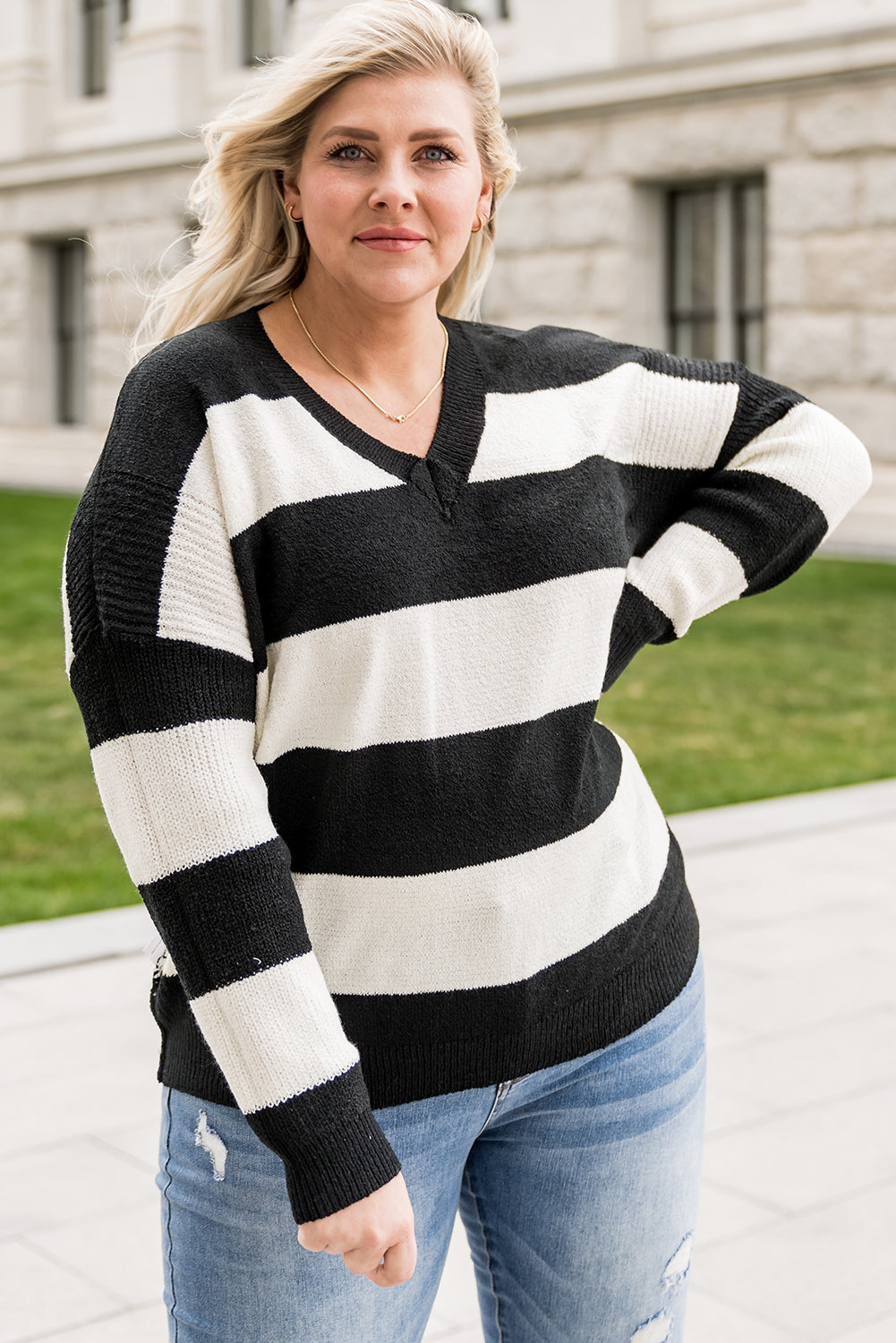 Plus Size Striped V-Neck Sweater