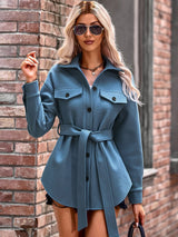 Belted Button Front Curved Hem Jacket