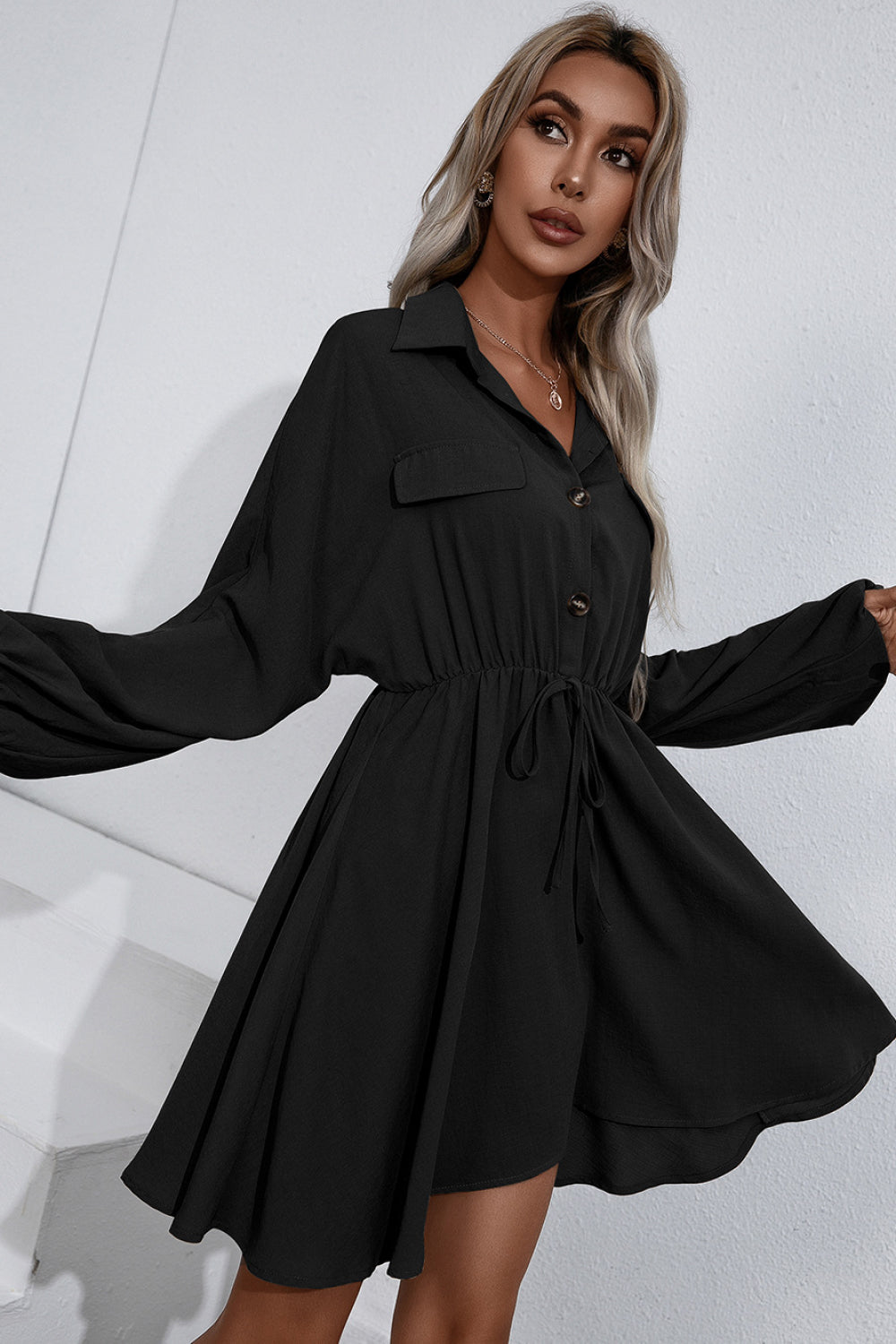 Collared Tie Waist Button Up Shirt Dress - Minihomy