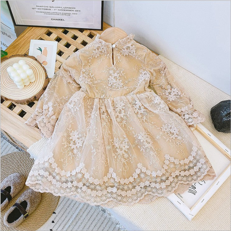 Children's Lace Bowknot Plus Velvet Long Sleeve Dress - Minihomy