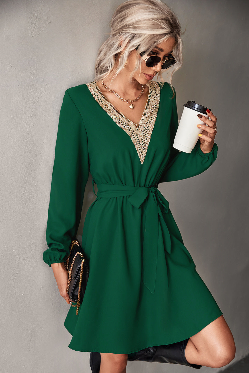 Contrast V-Neck Belted Dress - Minihomy