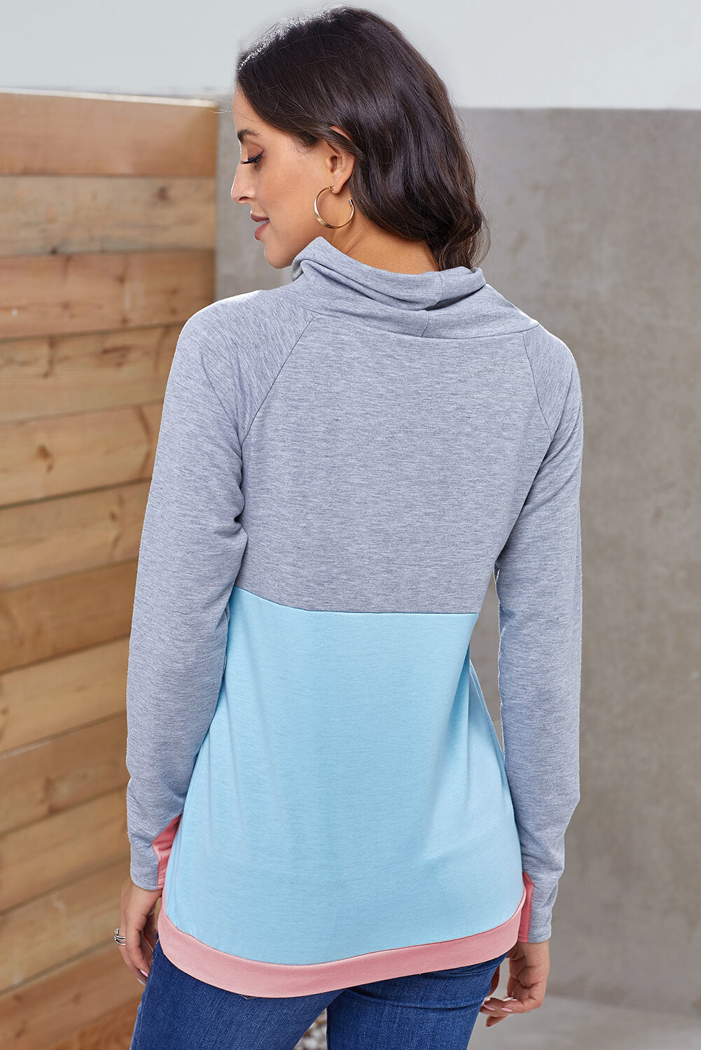 Color Block Raglan Sleeve Drawstring Sweatshirt - Minihomy