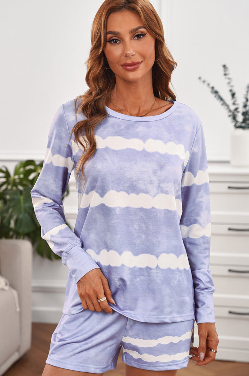 Tie-dyed Stripes Long Sleeve Shorts Lounge Set - Minihomy