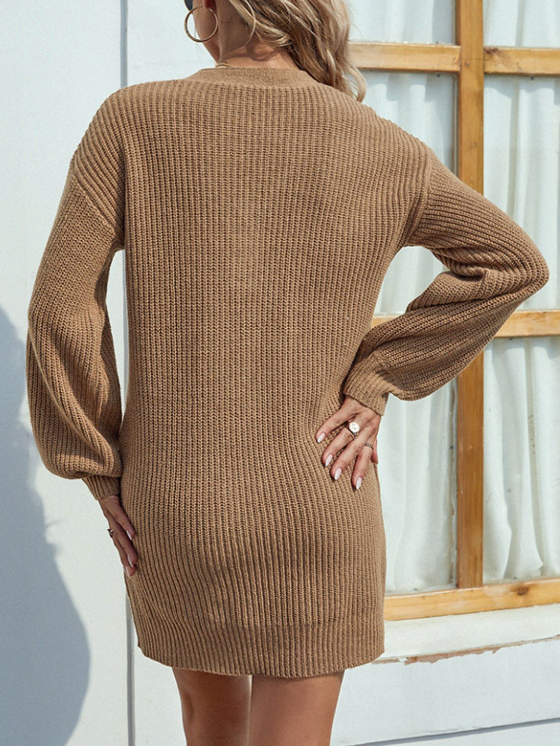 Buttoned V-Neck Dropped Shoulder Sweater Dress - Minihomy