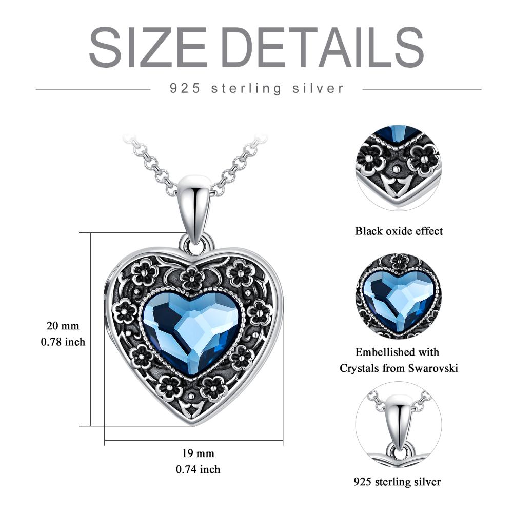 Sterling Silver Vintage Heart Crystal Pendant Flower Photo Lockets Necklace for Women