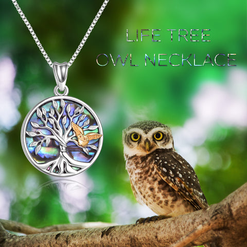 Sterling Silver Family Tree of Life with Owl  Pendant Necklace Jewelry