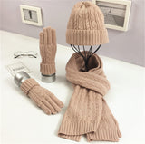 Solid Color Twist Warm Hat Scarf Glove Set