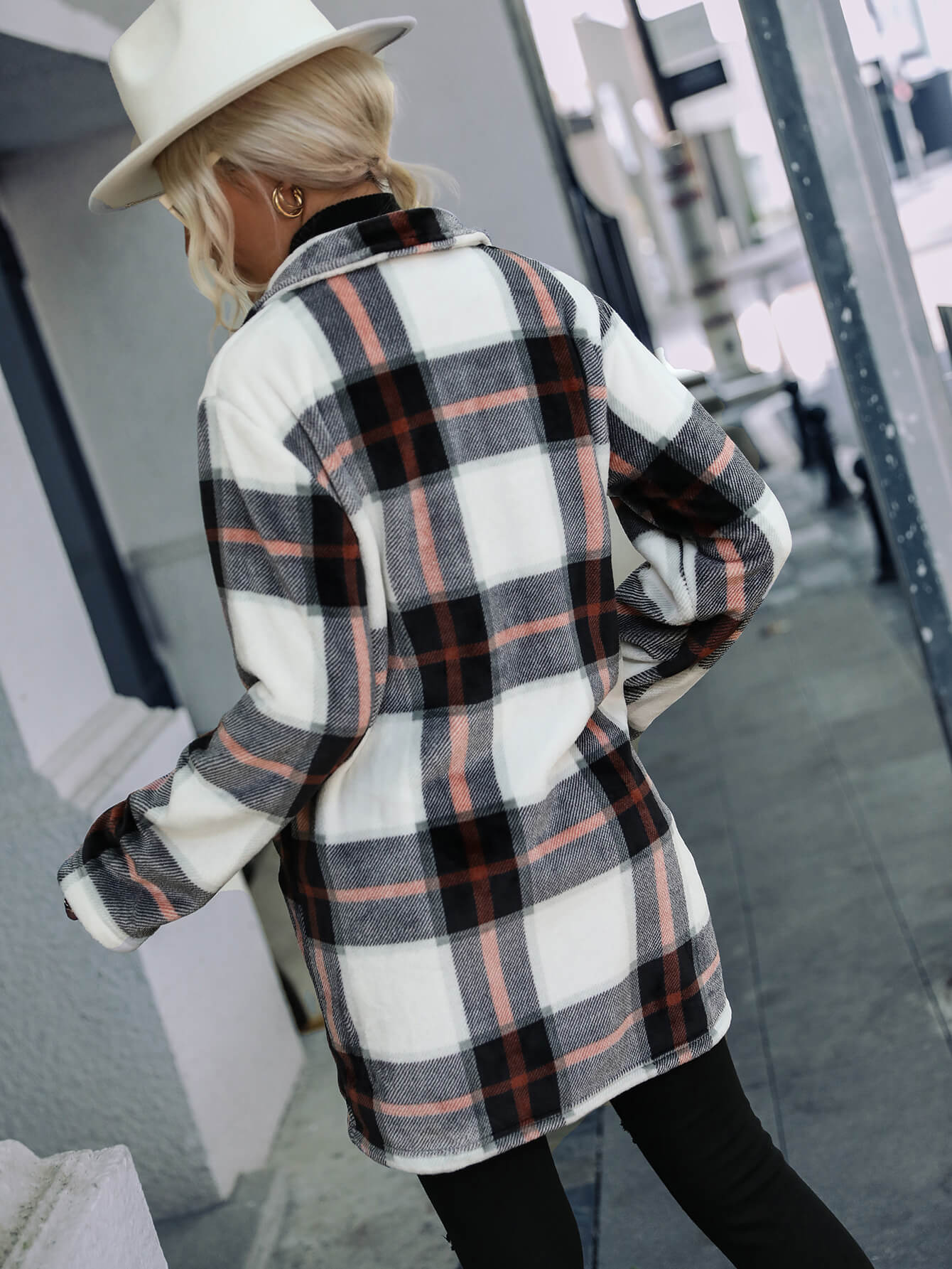 Plaid Lapel Collar Longline Jacket with Pockets