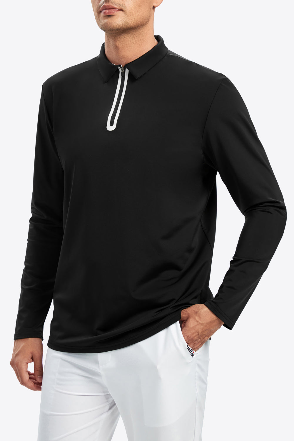 Contrast Long Sleeve Zip Polo Shirt - Minihomy