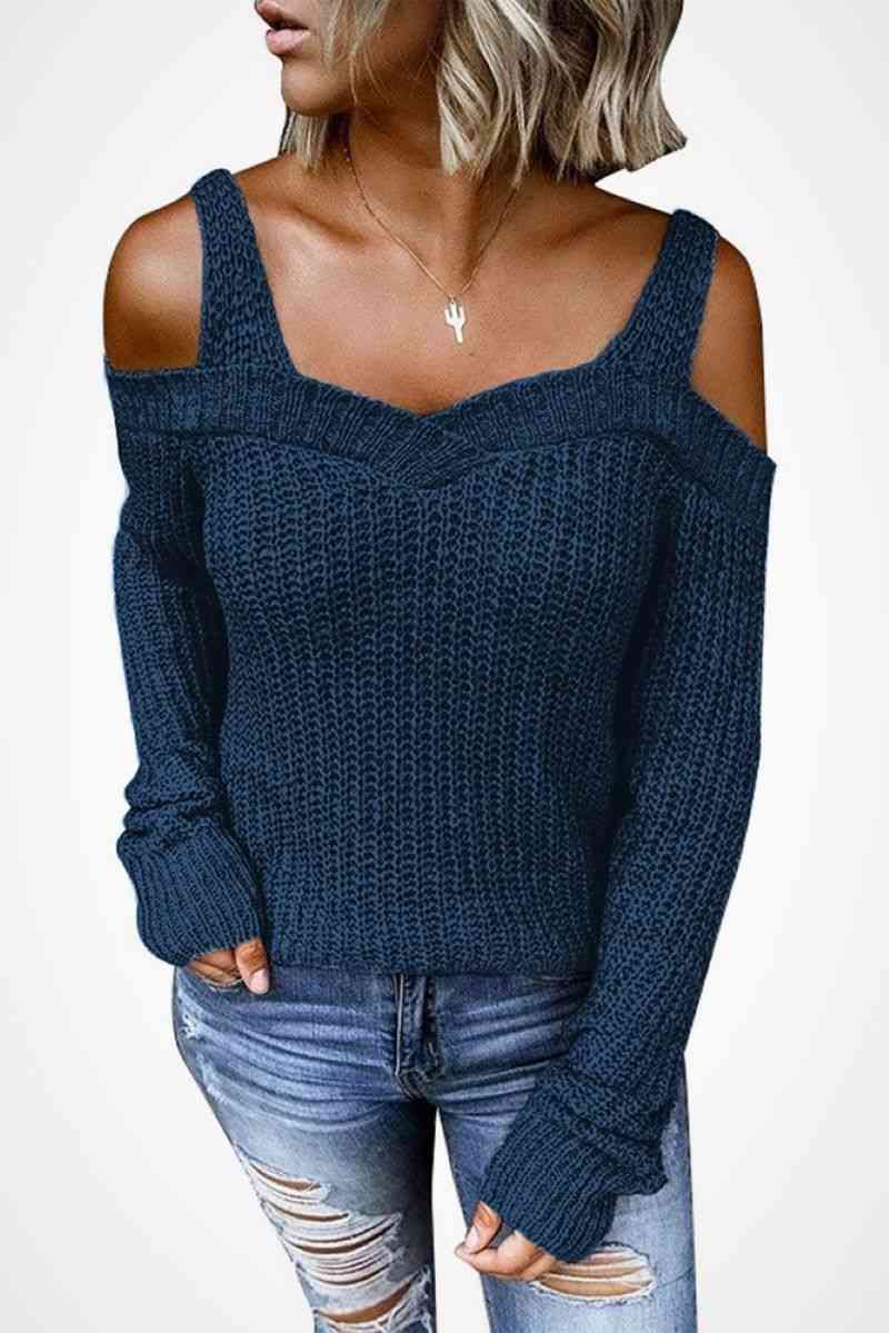 Long Sleeve Cold Shoulder Sweater - Minihomy