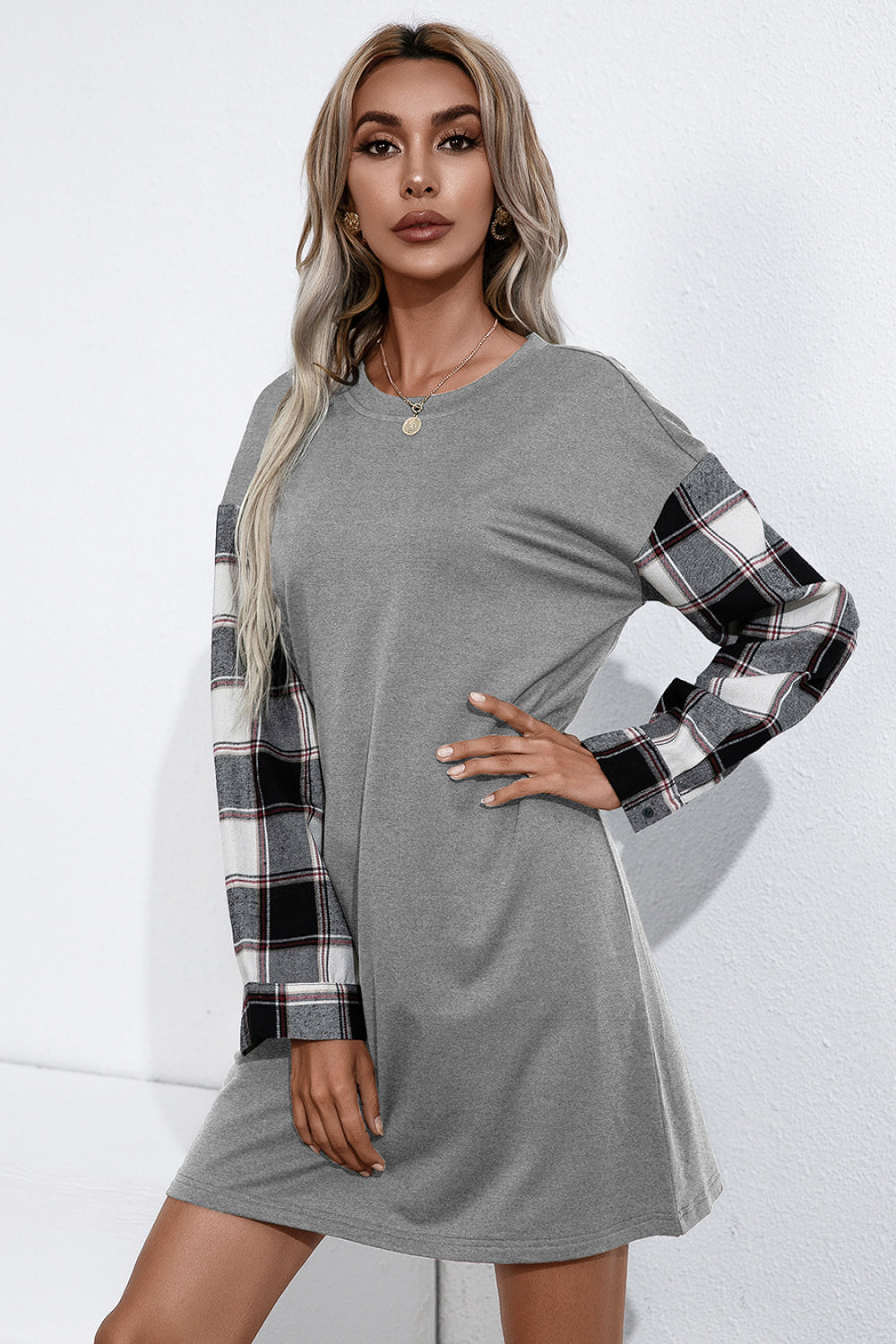 Plaid Sleeve Contrast T-Shirt Dress - Minihomy