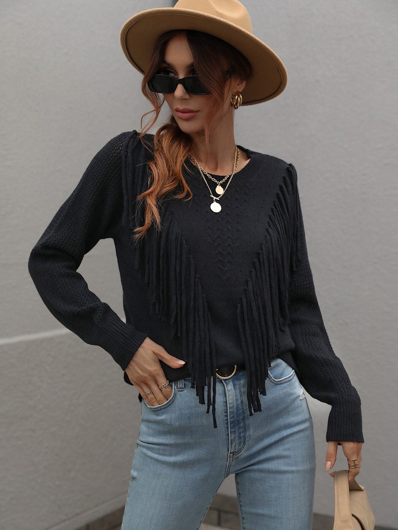 Fringe Detail Ribbed Trim Sweater - Minihomy