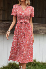 Ditsy Floral Button Front Tied Puff Sleeve Dress - Minihomy