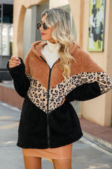 Leopard Color Block Hooded Teddy Jacket with Pockets